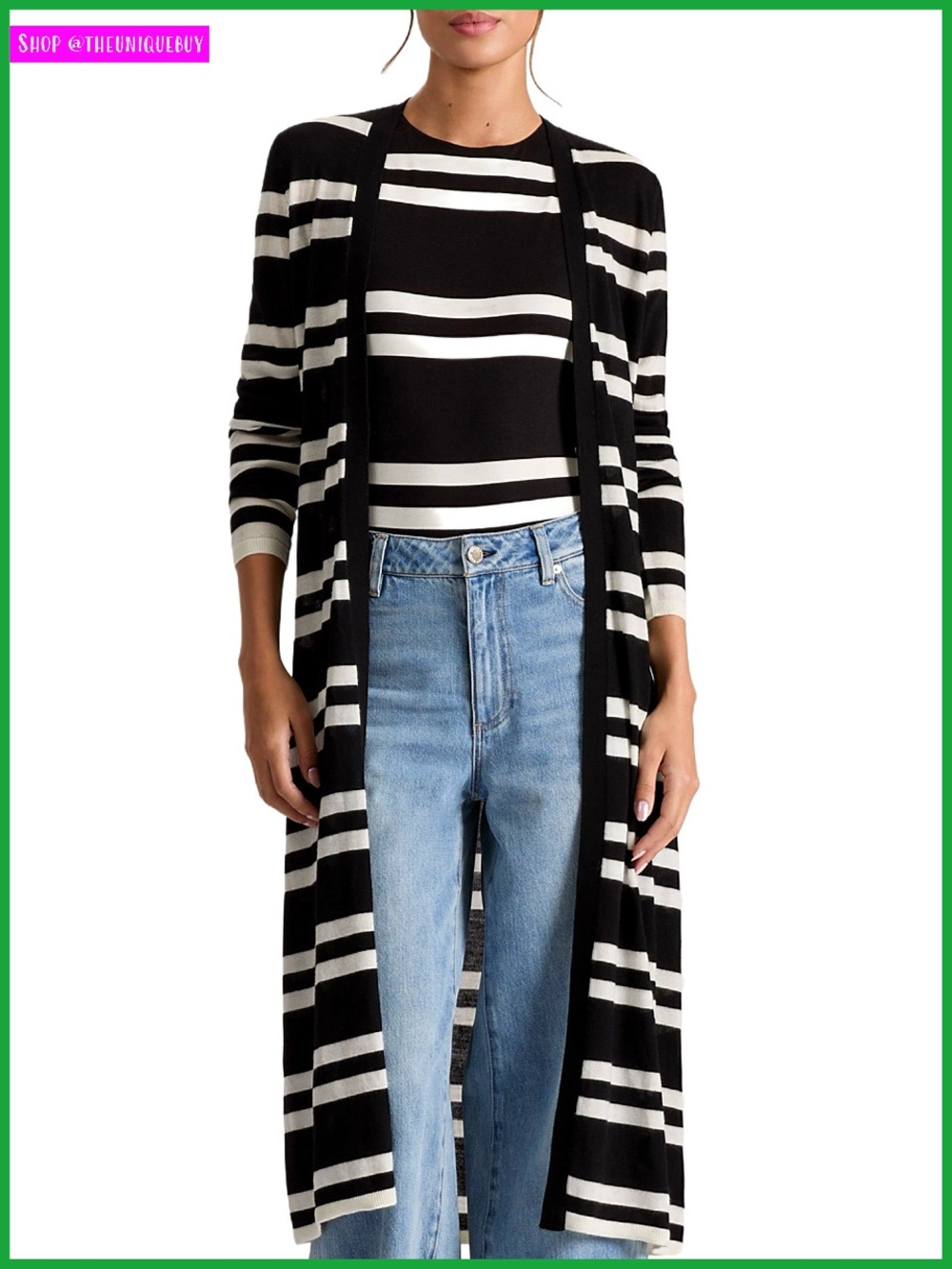 Alice + Olivia Callan Black Off White Striped Wool Long Maxi Cardigan Sweater